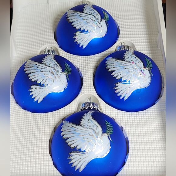 Vintage Christmas By Krebs Holiday Time 4pc Blue Peace Dove Glass Ball Ornaments - Picture 6 of 13